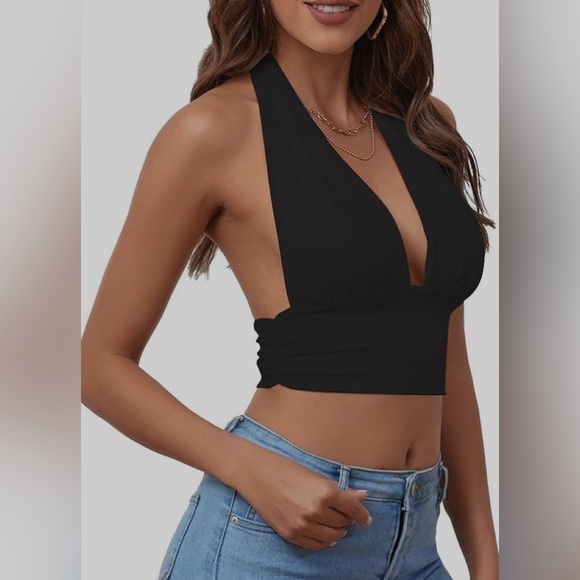 NWOT Rooscier Deep V Neck Halter Tie Back Sleeveless Backless Cami Crop Top - Picture 3 of 8